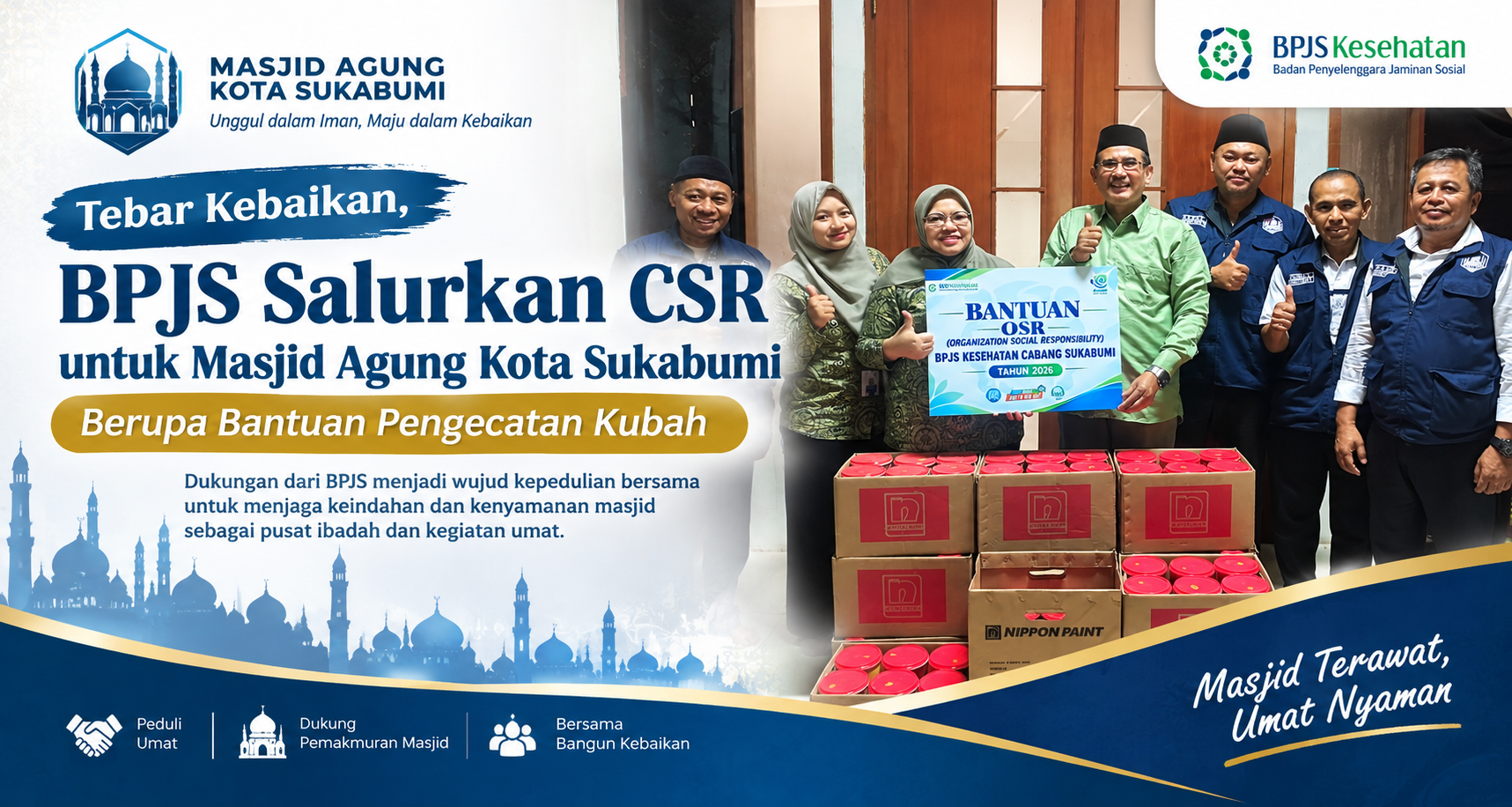 BPJS Salurkan CSR untuk Pengecatan Kubah Masjid Agung Kota Sukabumi, Jamaah Diajak Berinfak dan Bersedekah